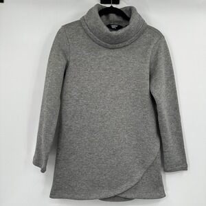 Lands End Grey Knit Cowl Neck Tunic Sweater Fleece Lined Small Asymmetrical Hem